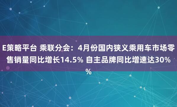 E策略平台 乘联分会：4月份国内狭义乘用车市场零售销量同比增长14.5% 自主品牌同比增速达30%